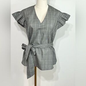 Worthington Striped Grey Flutter Sleeve Waist Tie Business Casual Shirt Size XS